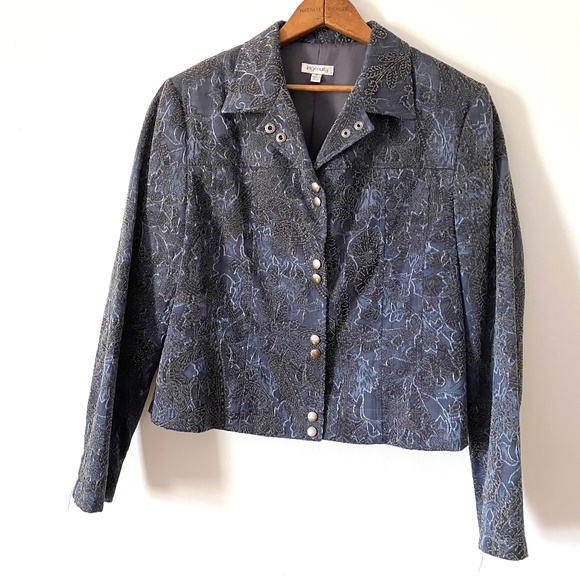 90’s Vintage Blue Cotton Brocade Jacket, Ingenuity Winter Fashion Coat Canada - Picture 1 of 10